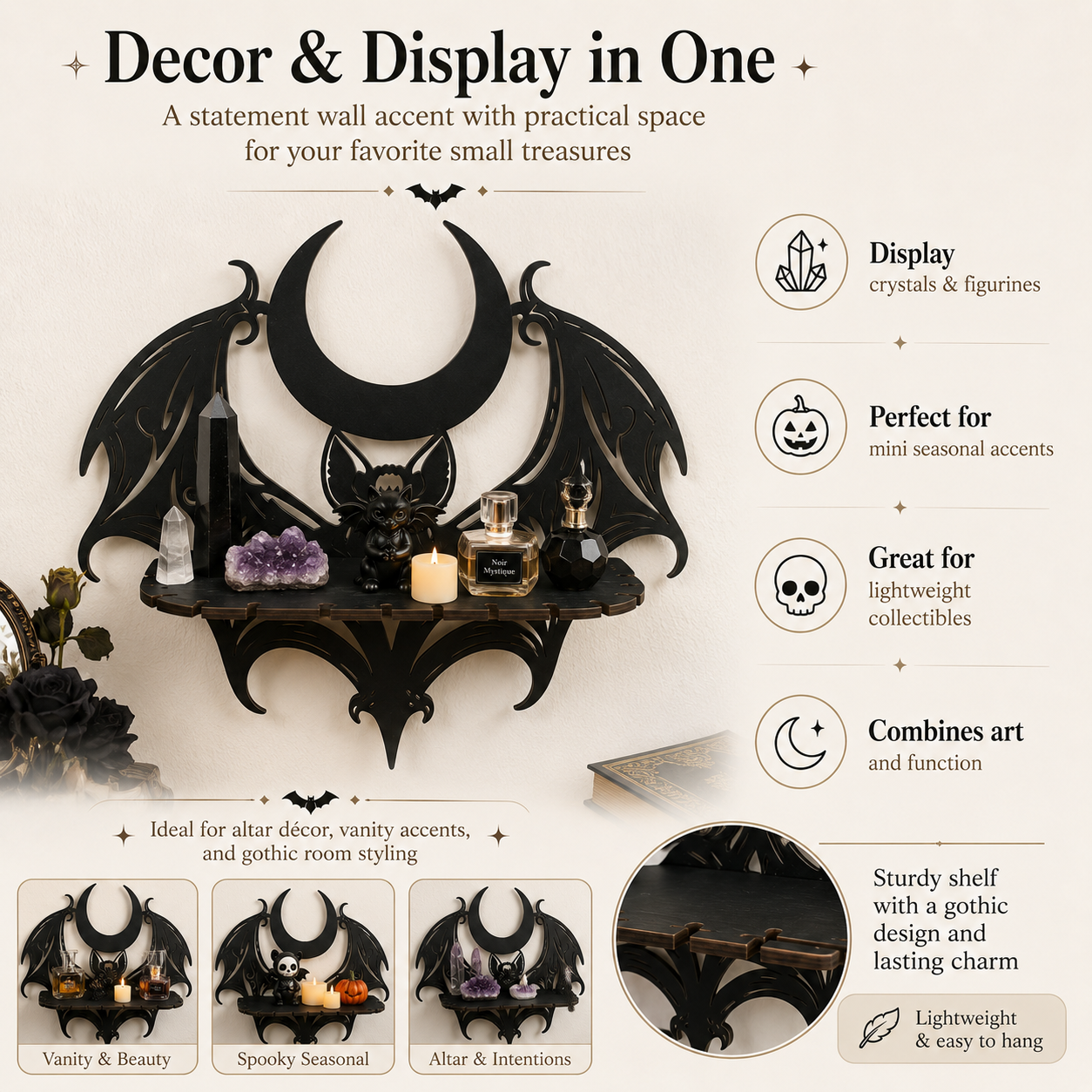 🦇 Midnight Crescent Bat Wall Shelf – Gothic Moon Wooden Display Shelf