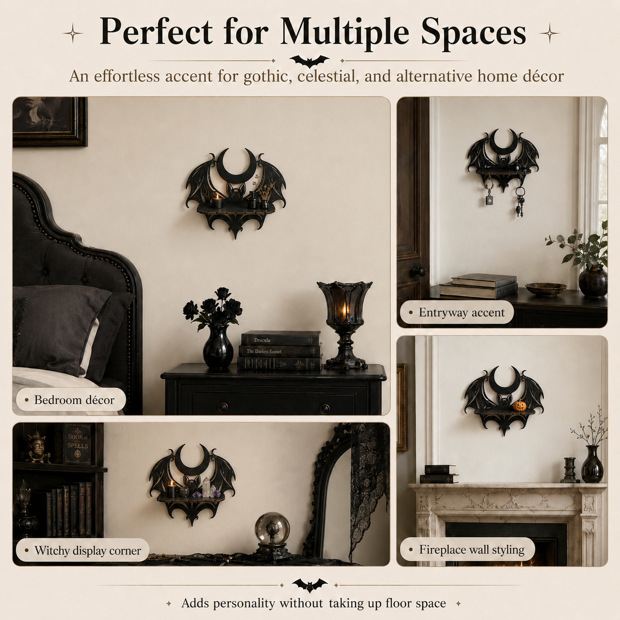 🦇 Midnight Crescent Bat Wall Shelf – Gothic Moon Wooden Display Shelf