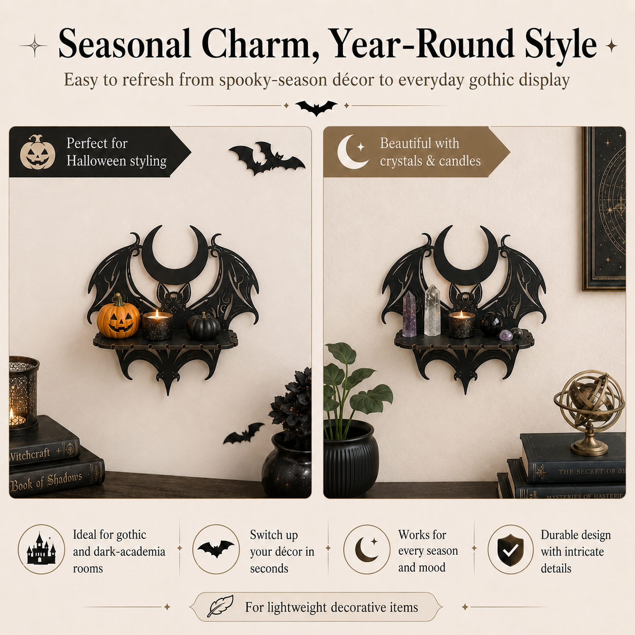 🦇 Midnight Crescent Bat Wall Shelf – Gothic Moon Wooden Display Shelf