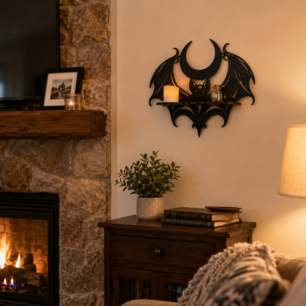 🦇 Midnight Crescent Bat Wall Shelf – Gothic Moon Wooden Display Shelf