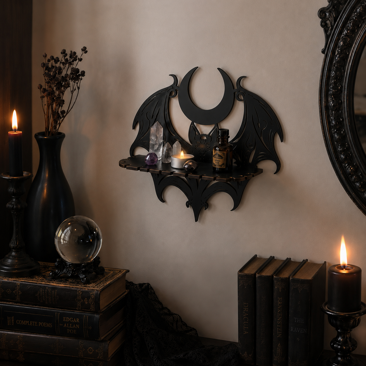 🦇 Midnight Crescent Bat Wall Shelf – Gothic Moon Wooden Display Shelf