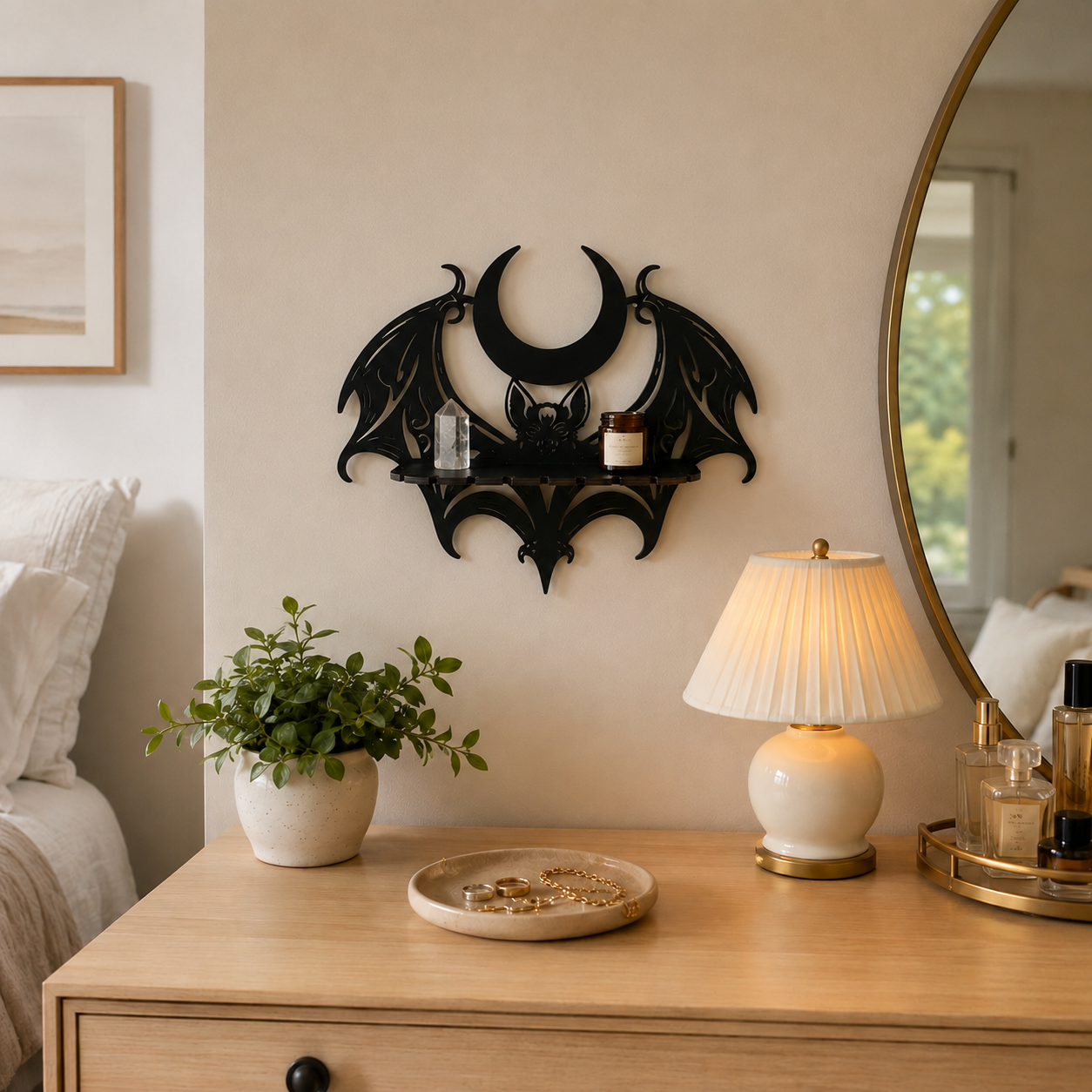 🦇 Midnight Crescent Bat Wall Shelf – Gothic Moon Wooden Display Shelf