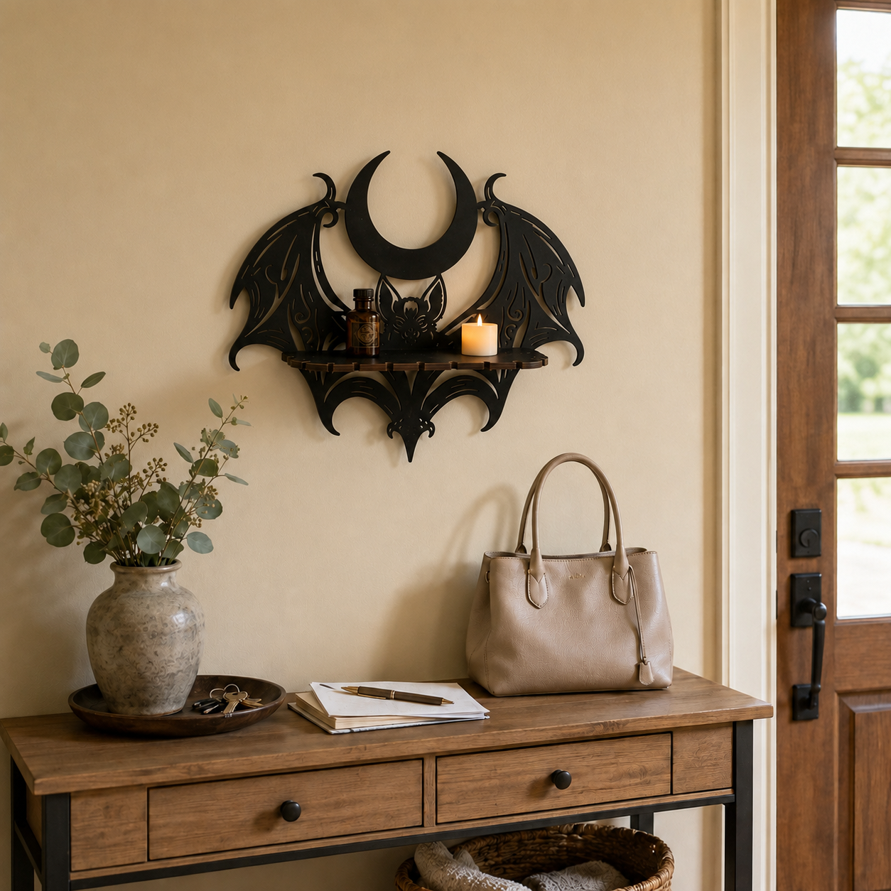 🦇 Midnight Crescent Bat Wall Shelf – Gothic Moon Wooden Display Shelf