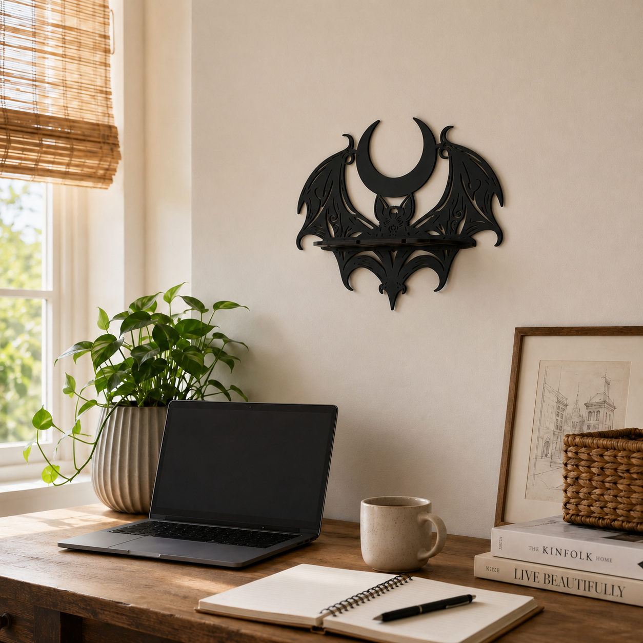 🦇 Midnight Crescent Bat Wall Shelf – Gothic Moon Wooden Display Shelf