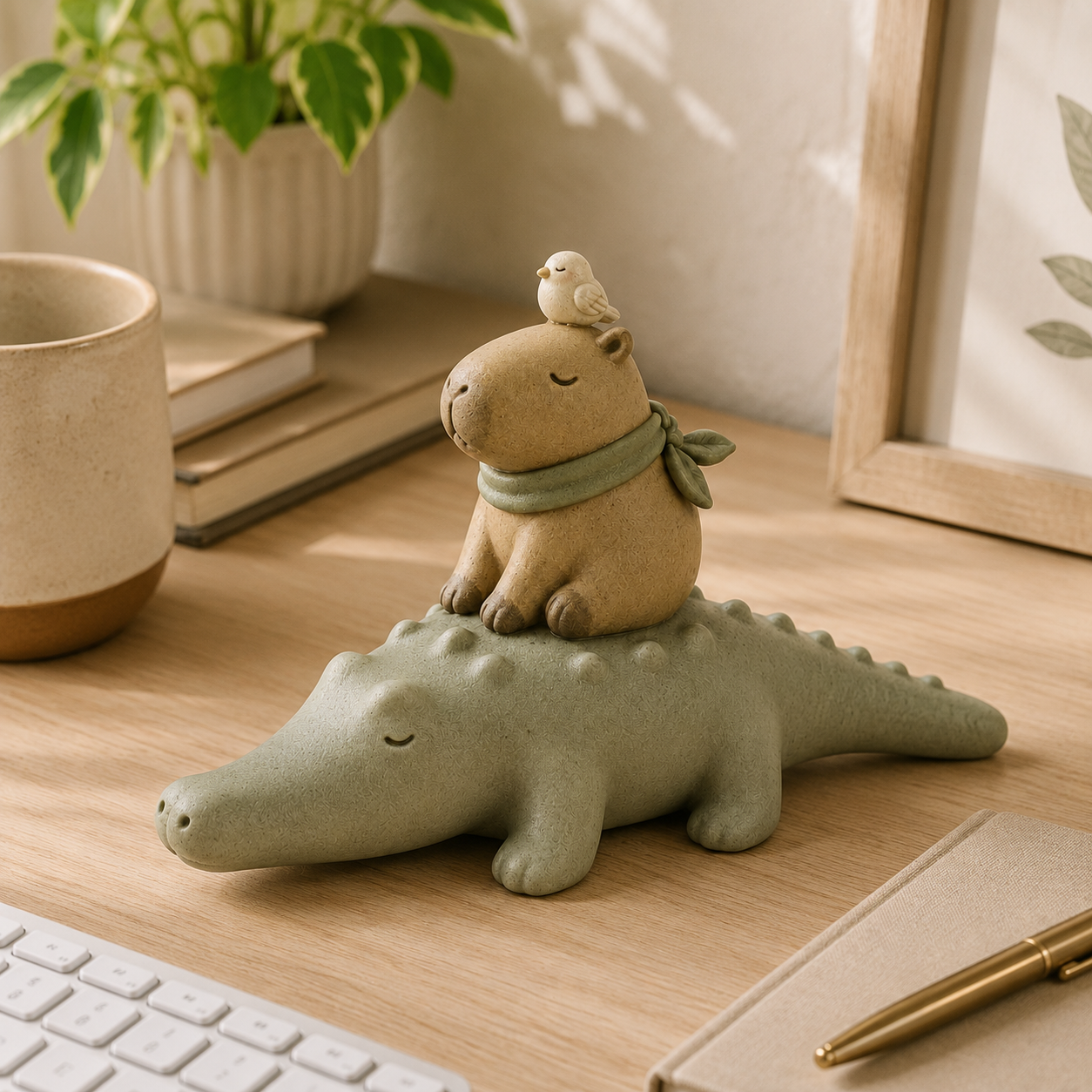Animal Harmony Trio Resin Figurine Set – Stackable Alligator, Capybara & Bird Decor