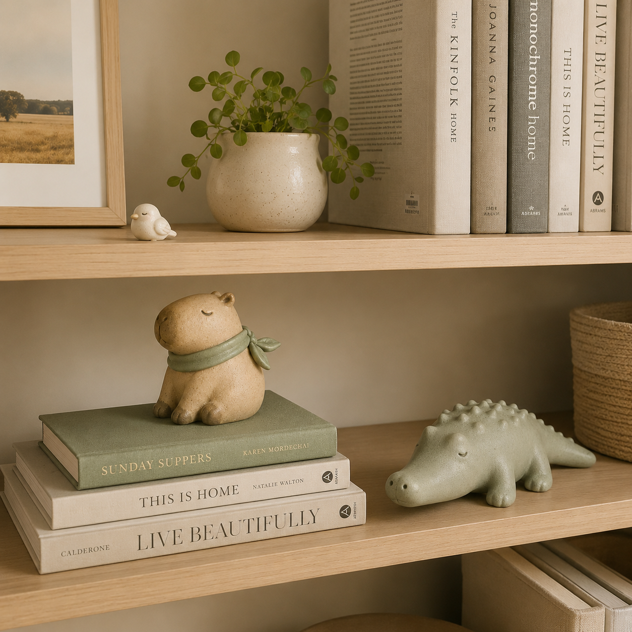 Animal Harmony Trio Resin Figurine Set – Stackable Alligator, Capybara & Bird Decor