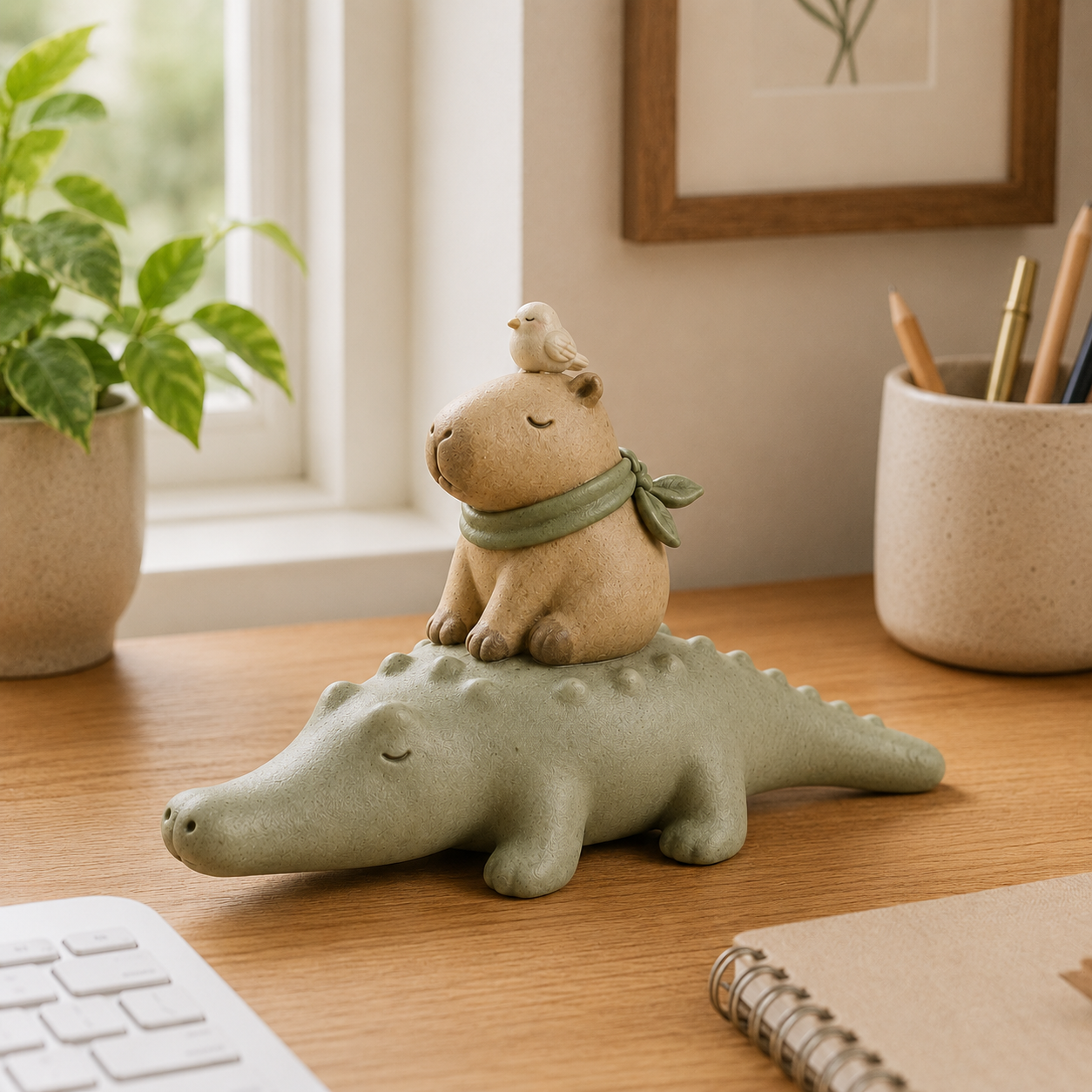 Animal Harmony Trio Resin Figurine Set – Stackable Alligator, Capybara & Bird Decor