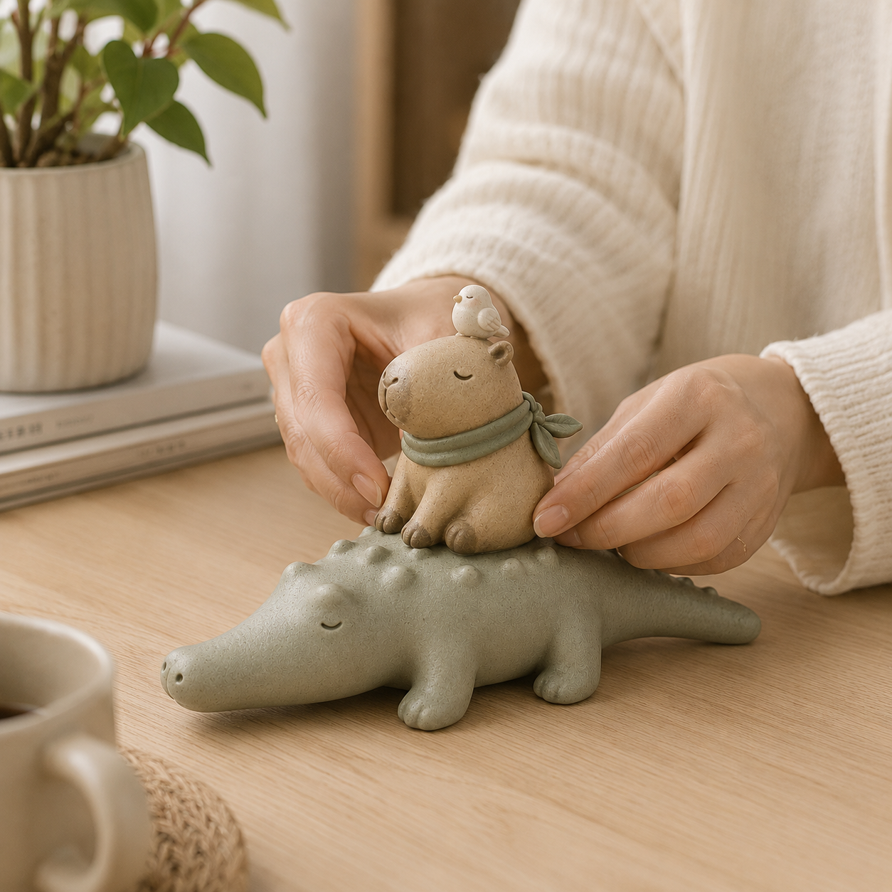 Animal Harmony Trio Resin Figurine Set – Stackable Alligator, Capybara & Bird Decor