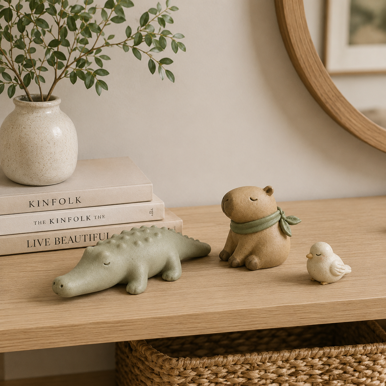 Animal Harmony Trio Resin Figurine Set – Stackable Alligator, Capybara & Bird Decor