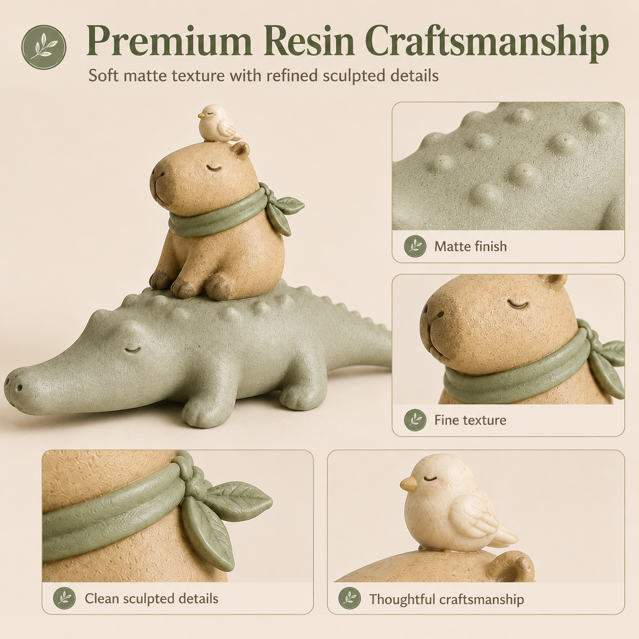 Animal Harmony Trio Resin Figurine Set – Stackable Alligator, Capybara & Bird Decor