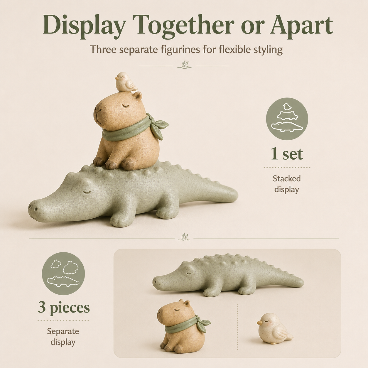 Animal Harmony Trio Resin Figurine Set – Stackable Alligator, Capybara & Bird Decor