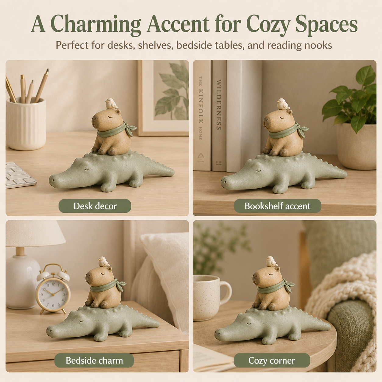 Animal Harmony Trio Resin Figurine Set – Stackable Alligator, Capybara & Bird Decor