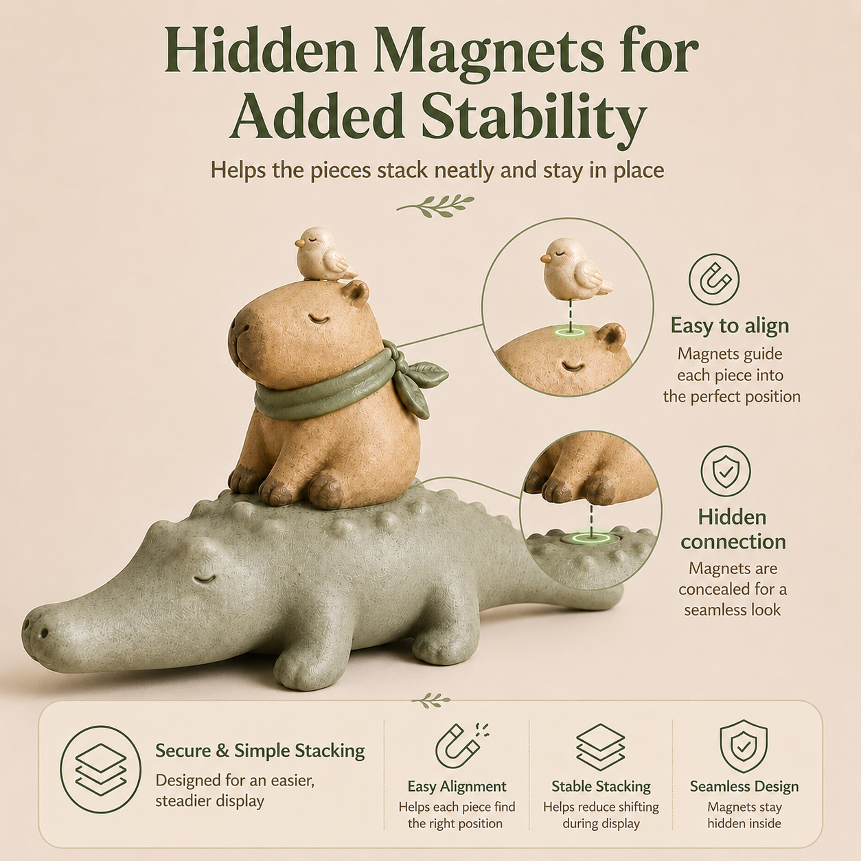 Animal Harmony Trio Resin Figurine Set – Stackable Alligator, Capybara & Bird Decor