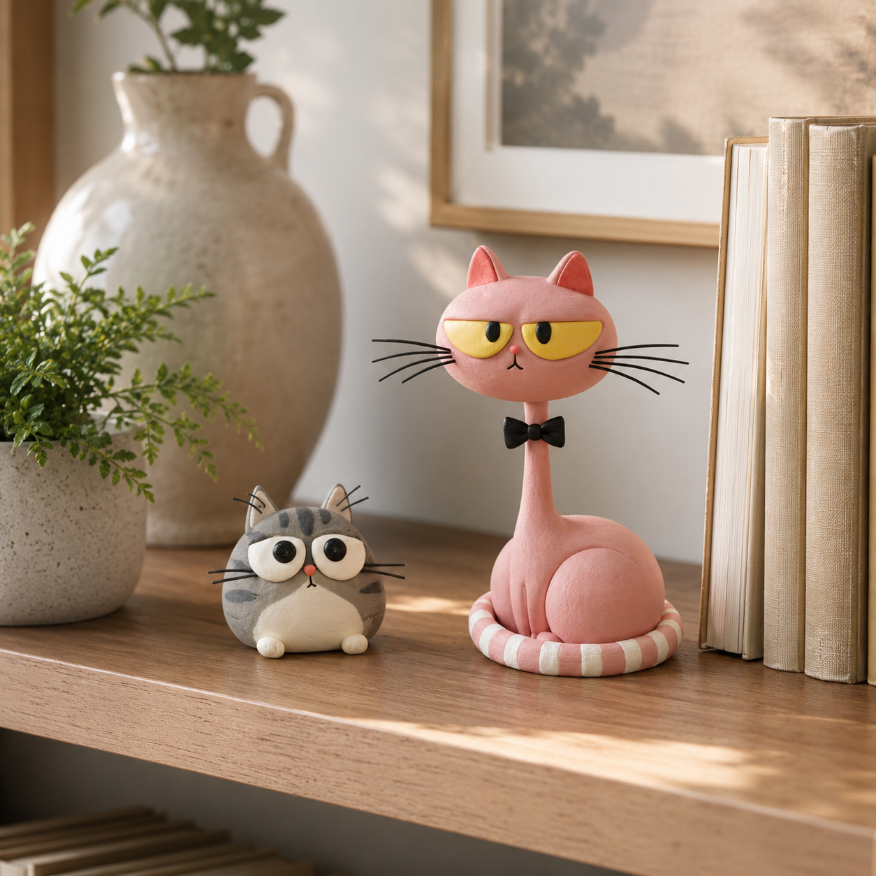 Whimsical Cat Figurines Set of 2 – Pink Long-Neck Cat & Gray Kitten Resin Decor