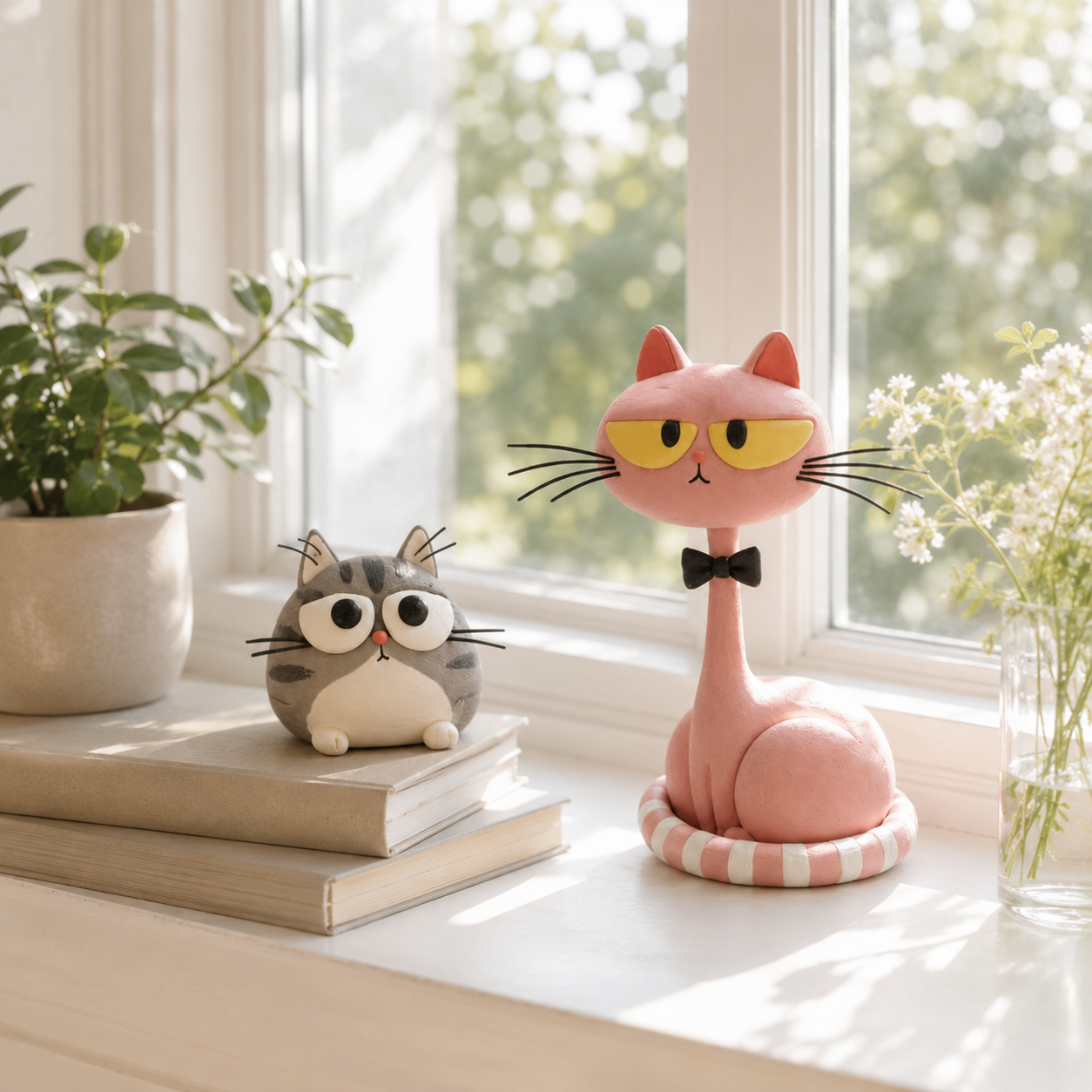 Whimsical Cat Figurines Set of 2 – Pink Long-Neck Cat & Gray Kitten Resin Decor