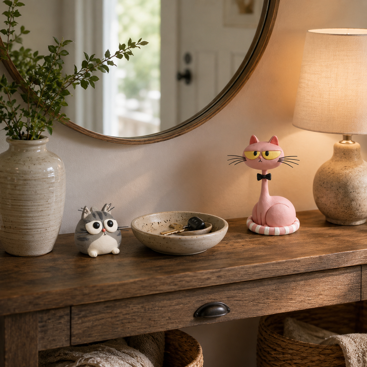 Whimsical Cat Figurines Set of 2 – Pink Long-Neck Cat & Gray Kitten Resin Decor