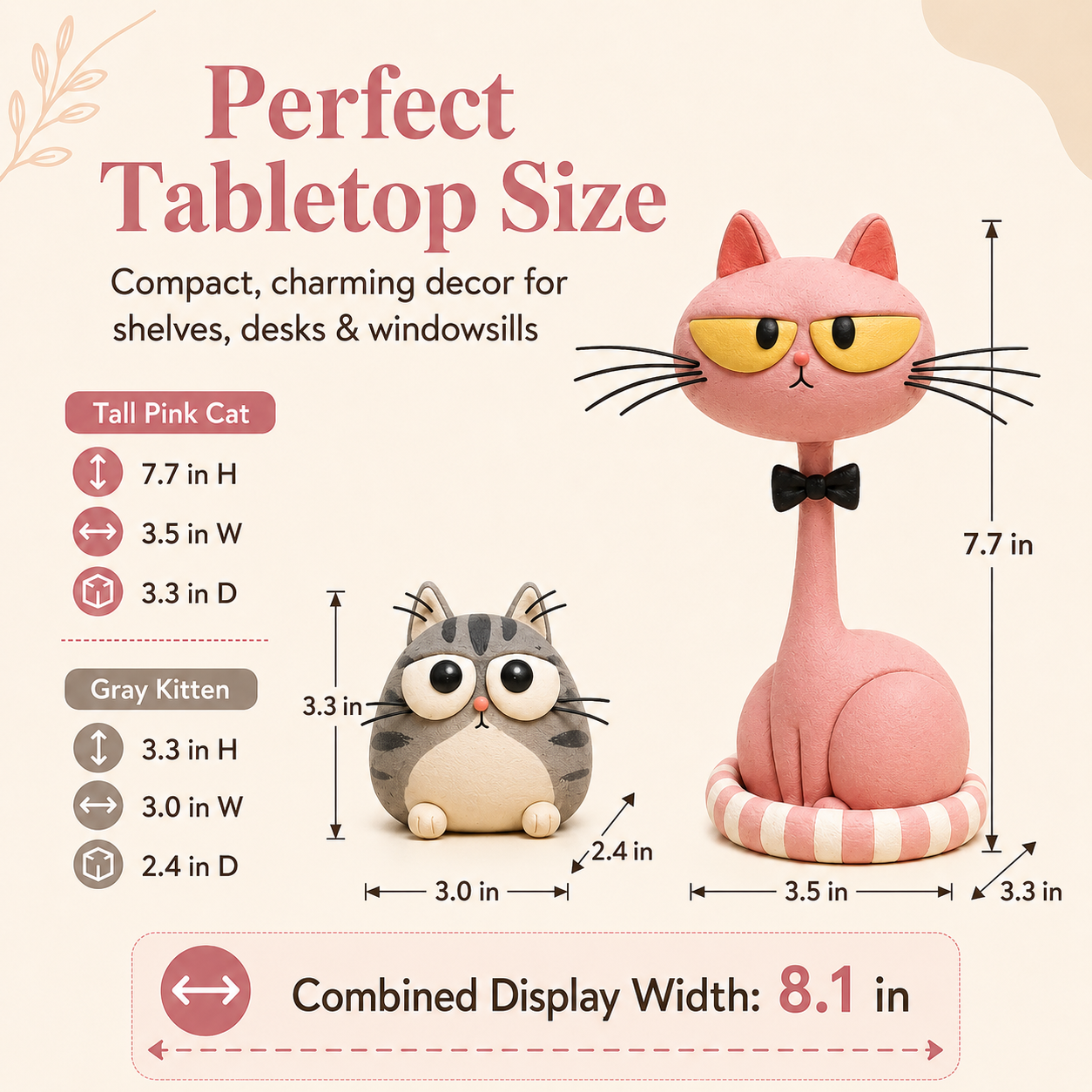 Whimsical Cat Figurines Set of 2 – Pink Long-Neck Cat & Gray Kitten Resin Decor