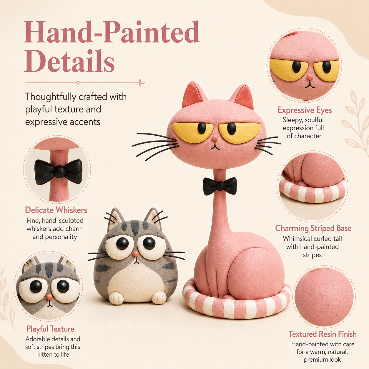Whimsical Cat Figurines Set of 2 – Pink Long-Neck Cat & Gray Kitten Resin Decor