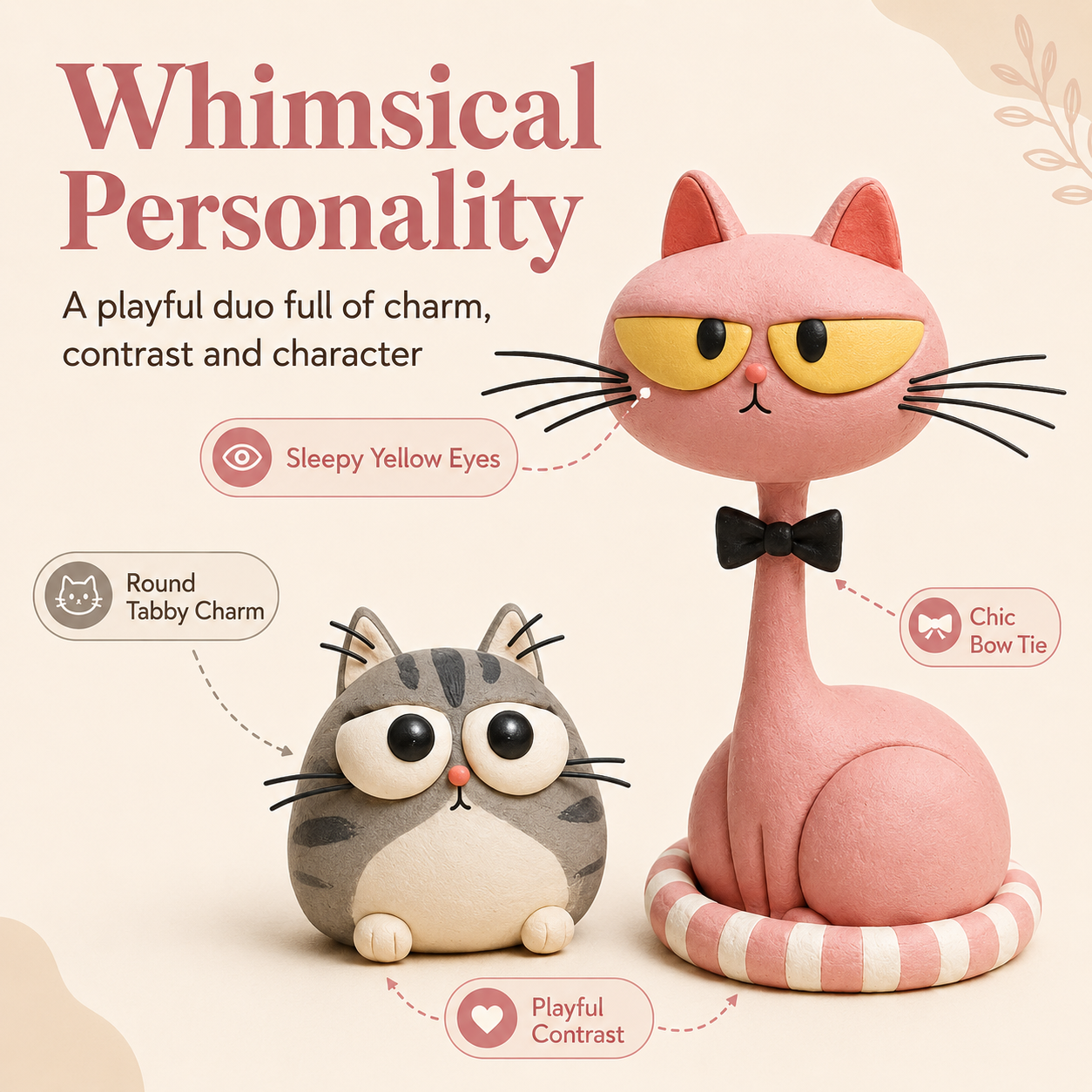 Whimsical Cat Figurines Set of 2 – Pink Long-Neck Cat & Gray Kitten Resin Decor
