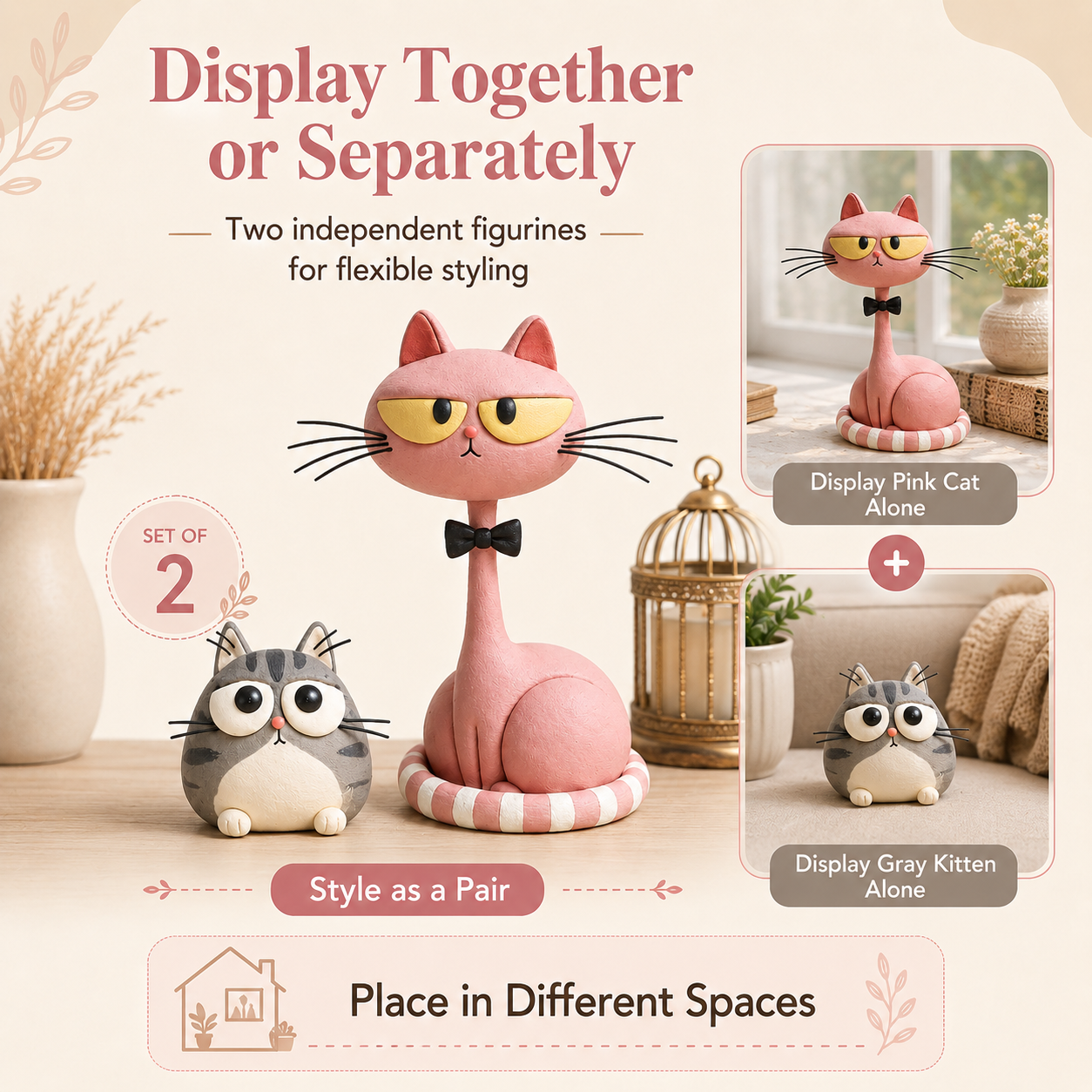 Whimsical Cat Figurines Set of 2 – Pink Long-Neck Cat & Gray Kitten Resin Decor