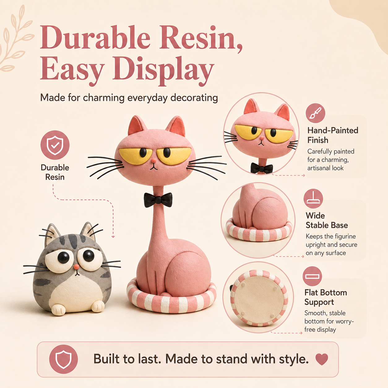 Whimsical Cat Figurines Set of 2 – Pink Long-Neck Cat & Gray Kitten Resin Decor