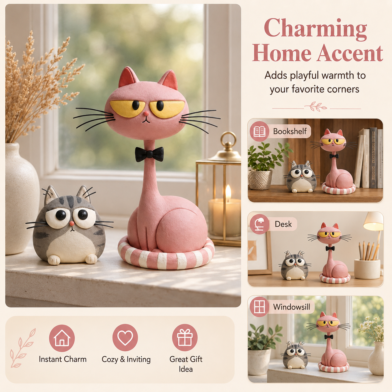 Whimsical Cat Figurines Set of 2 – Pink Long-Neck Cat & Gray Kitten Resin Decor