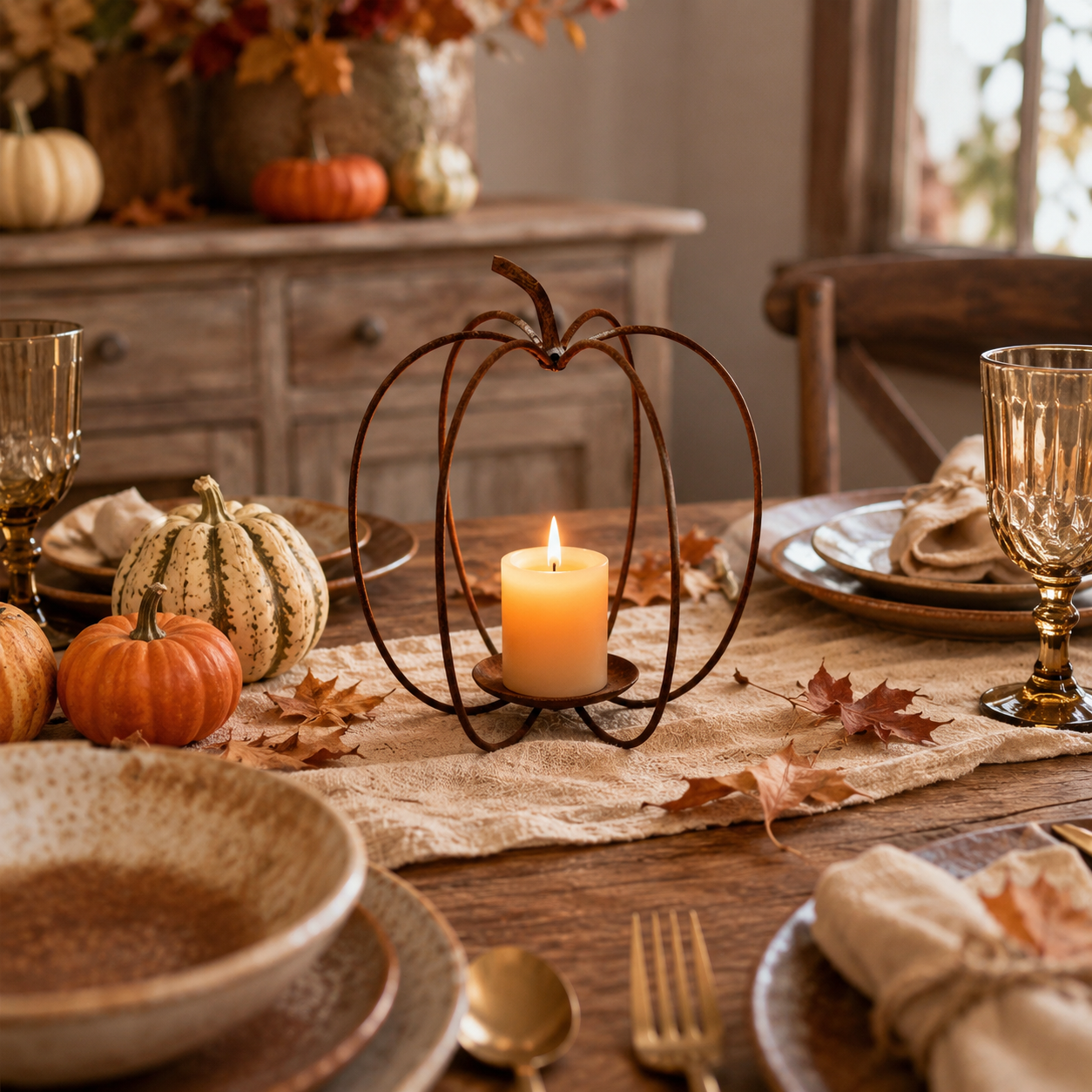 Rustic Pumpkin Metal Candle Holder – Fall Tabletop Lantern Decor
