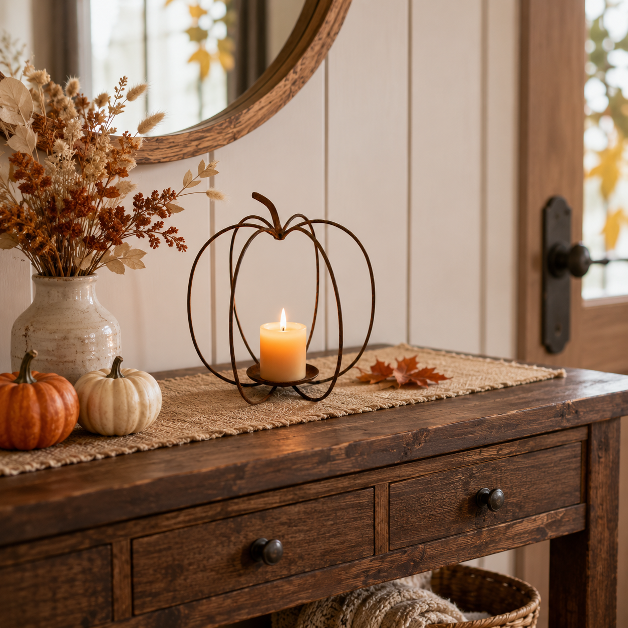 Rustic Pumpkin Metal Candle Holder – Fall Tabletop Lantern Decor