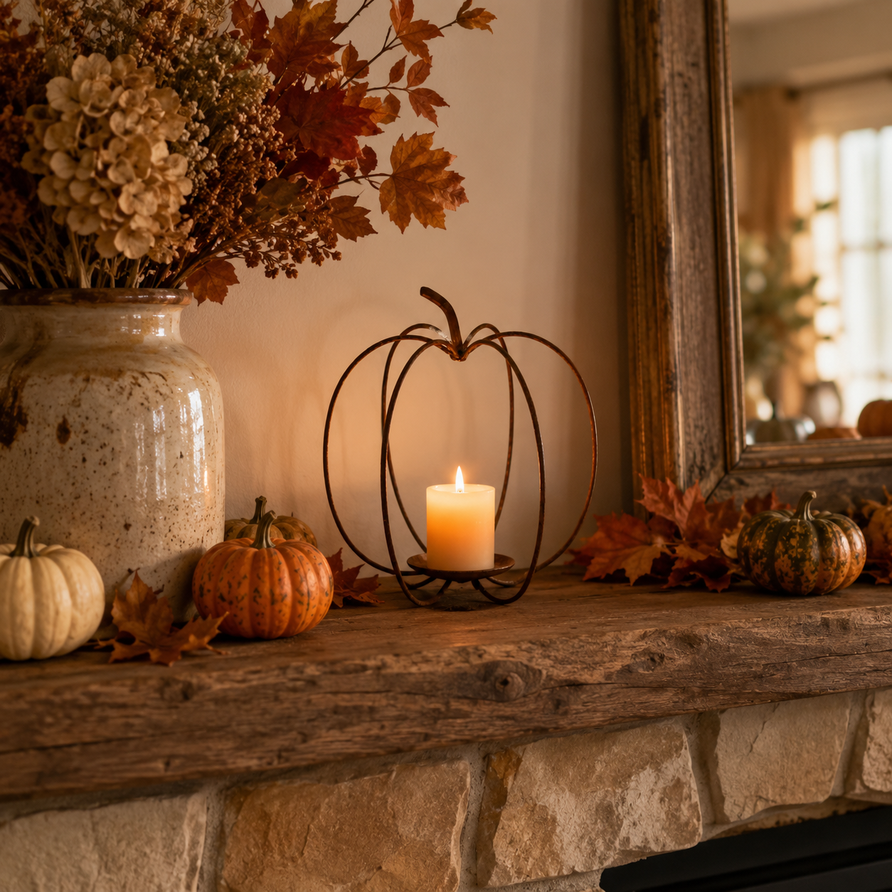 Rustic Pumpkin Metal Candle Holder – Fall Tabletop Lantern Decor