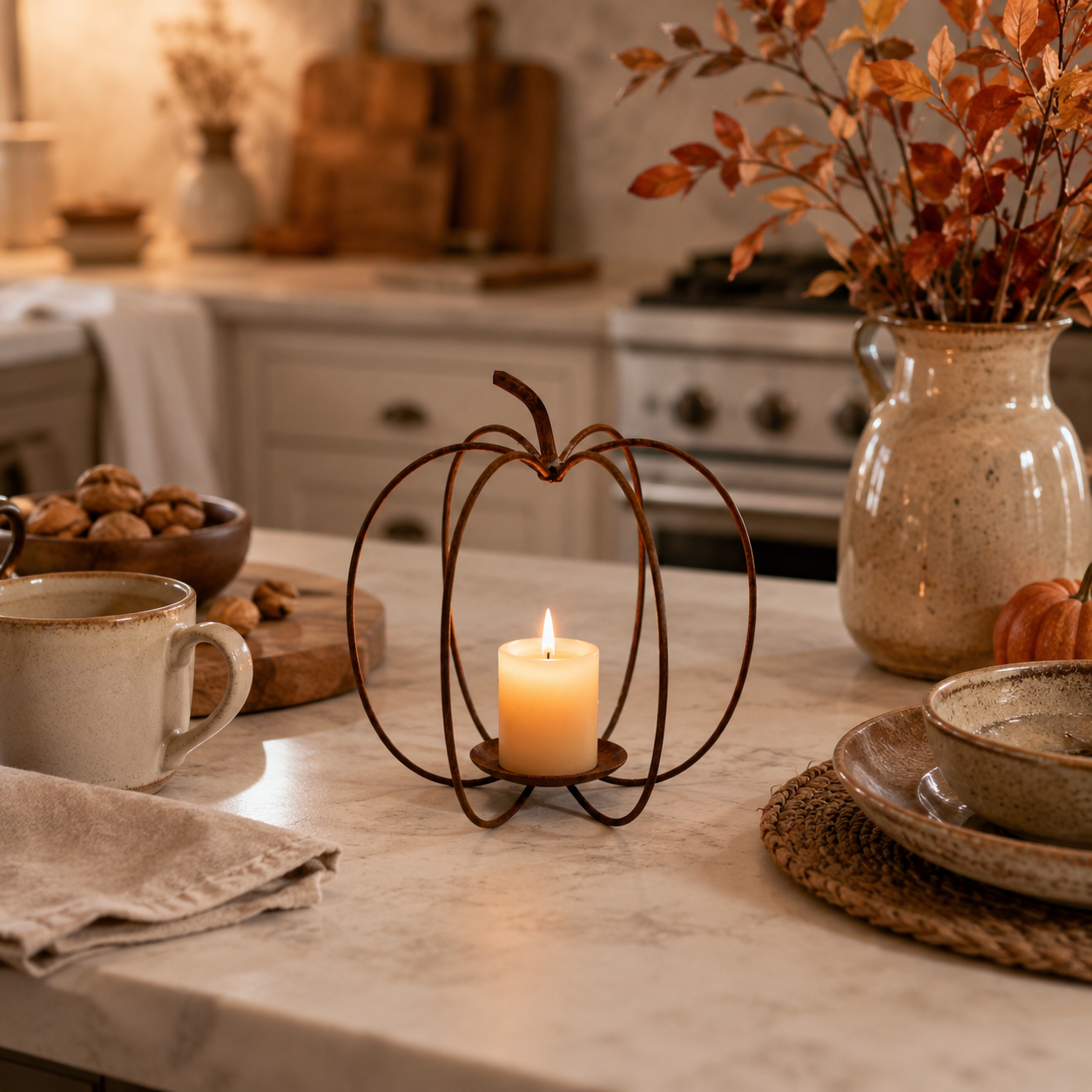 Rustic Pumpkin Metal Candle Holder – Fall Tabletop Lantern Decor
