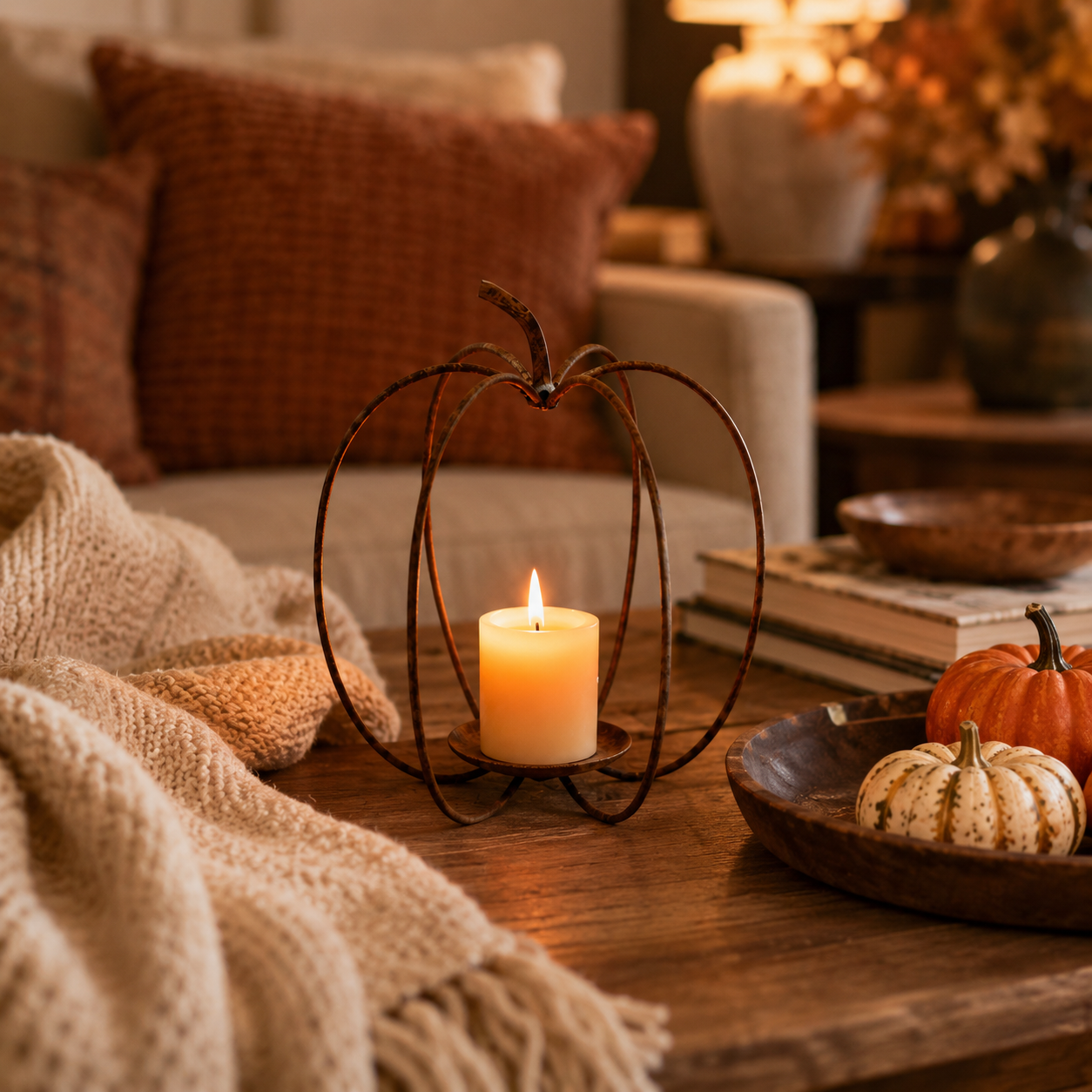 Rustic Pumpkin Metal Candle Holder – Fall Tabletop Lantern Decor