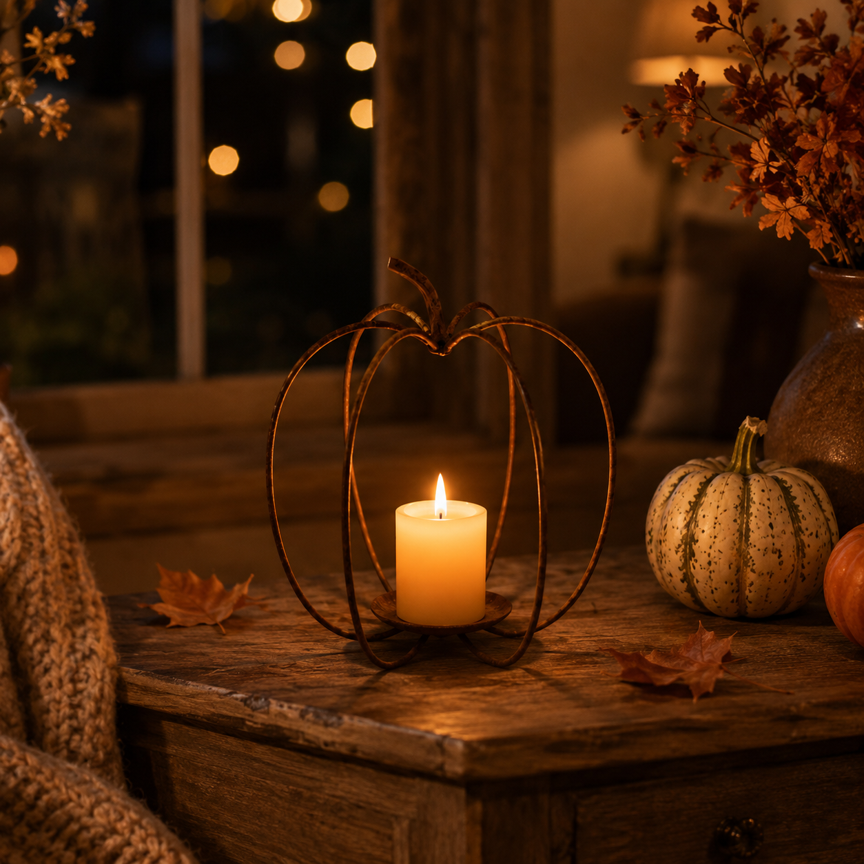 Rustic Pumpkin Metal Candle Holder – Fall Tabletop Lantern Decor