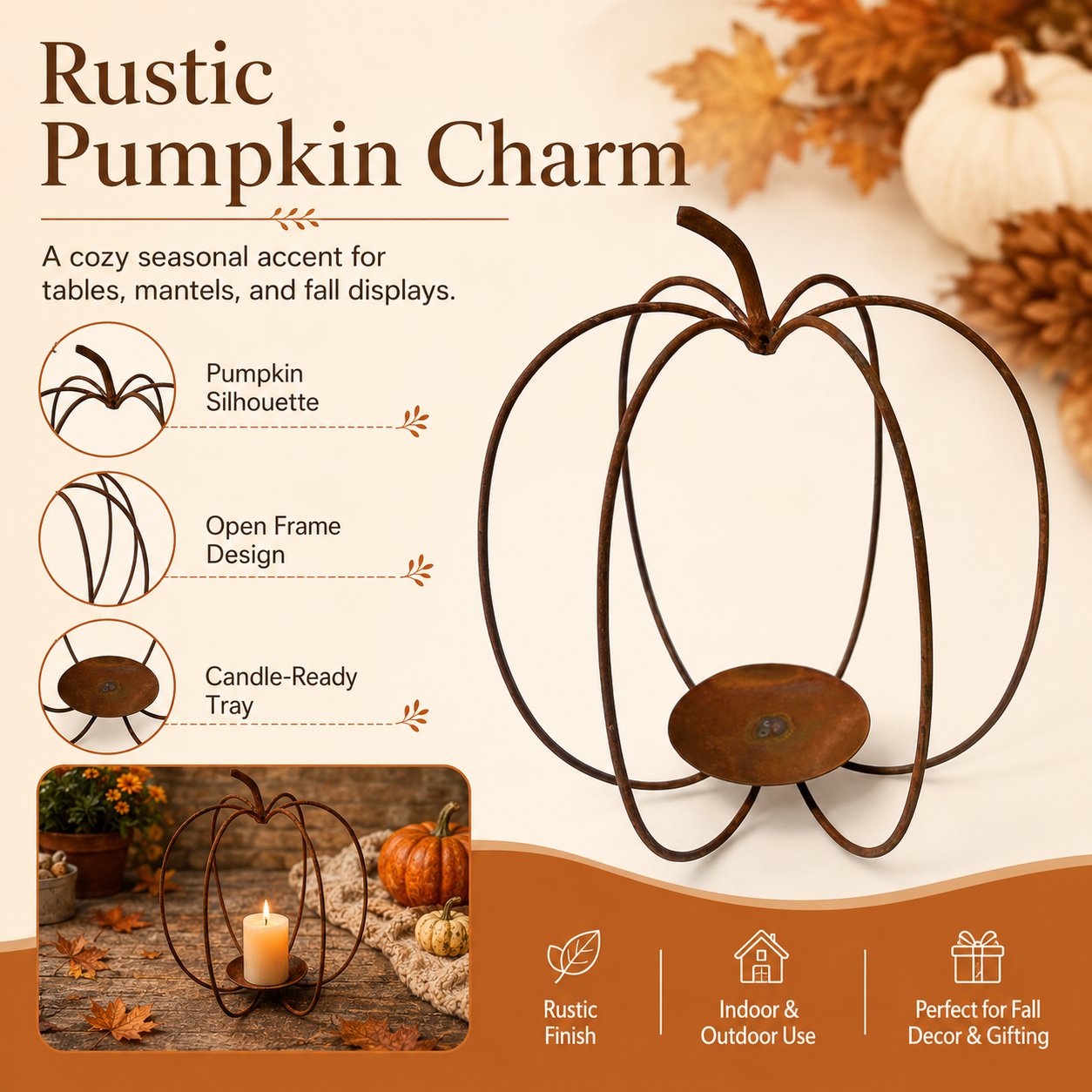 Rustic Pumpkin Metal Candle Holder – Fall Tabletop Lantern Decor