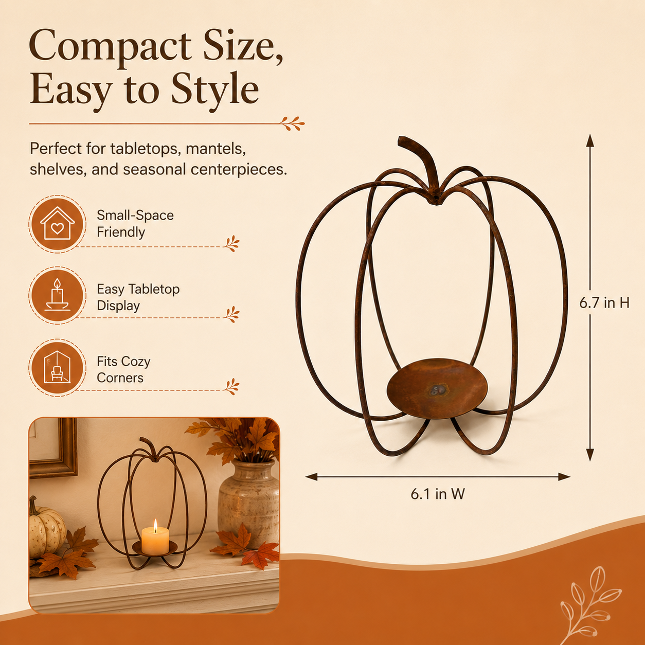Rustic Pumpkin Metal Candle Holder – Fall Tabletop Lantern Decor