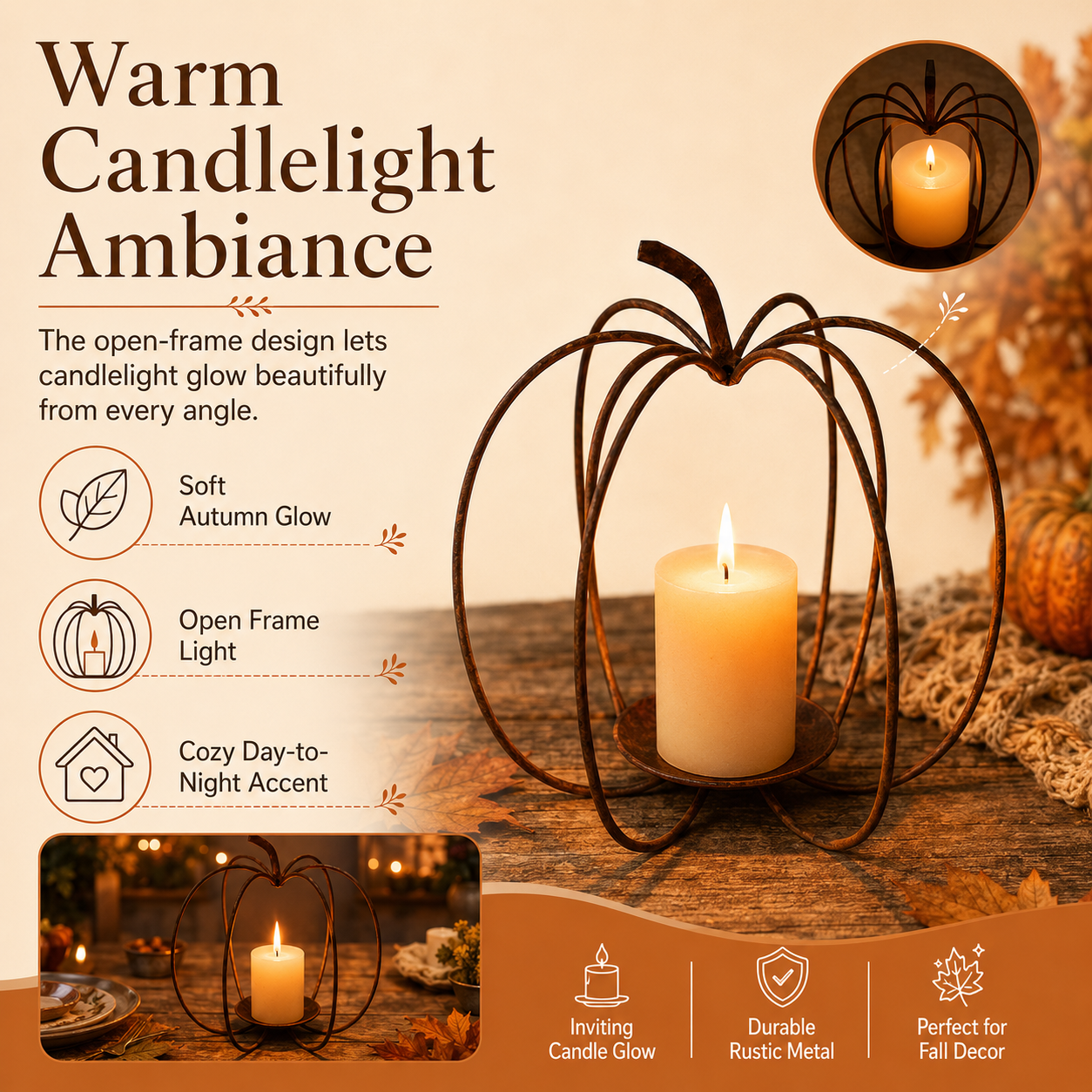 Rustic Pumpkin Metal Candle Holder – Fall Tabletop Lantern Decor