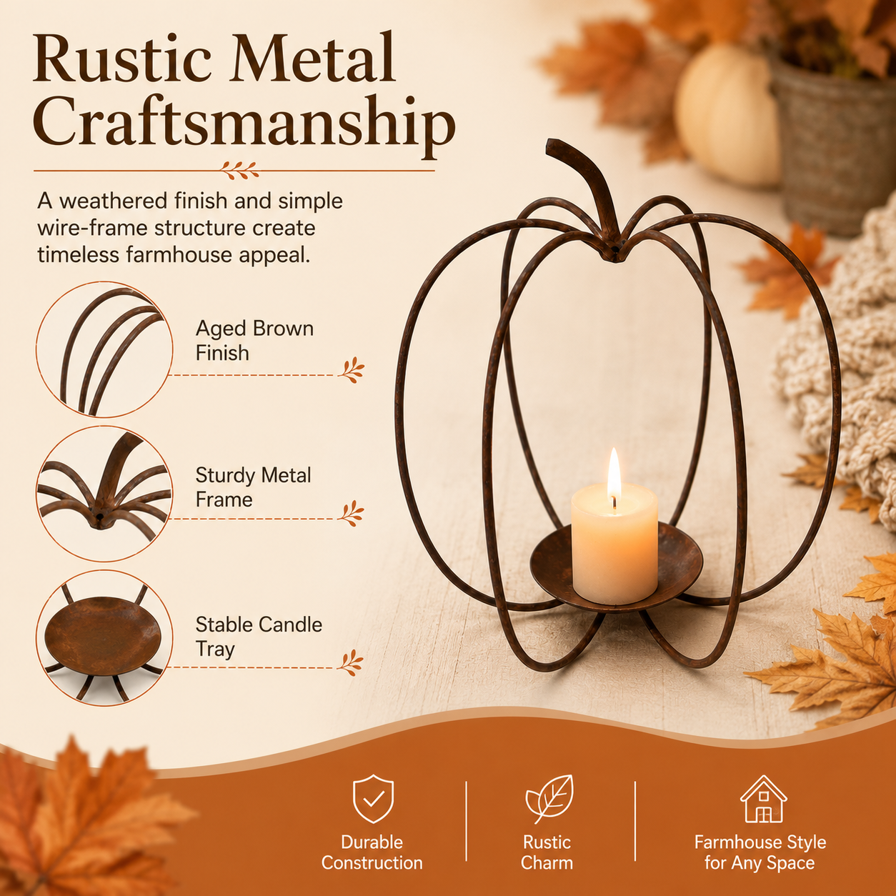 Rustic Pumpkin Metal Candle Holder – Fall Tabletop Lantern Decor