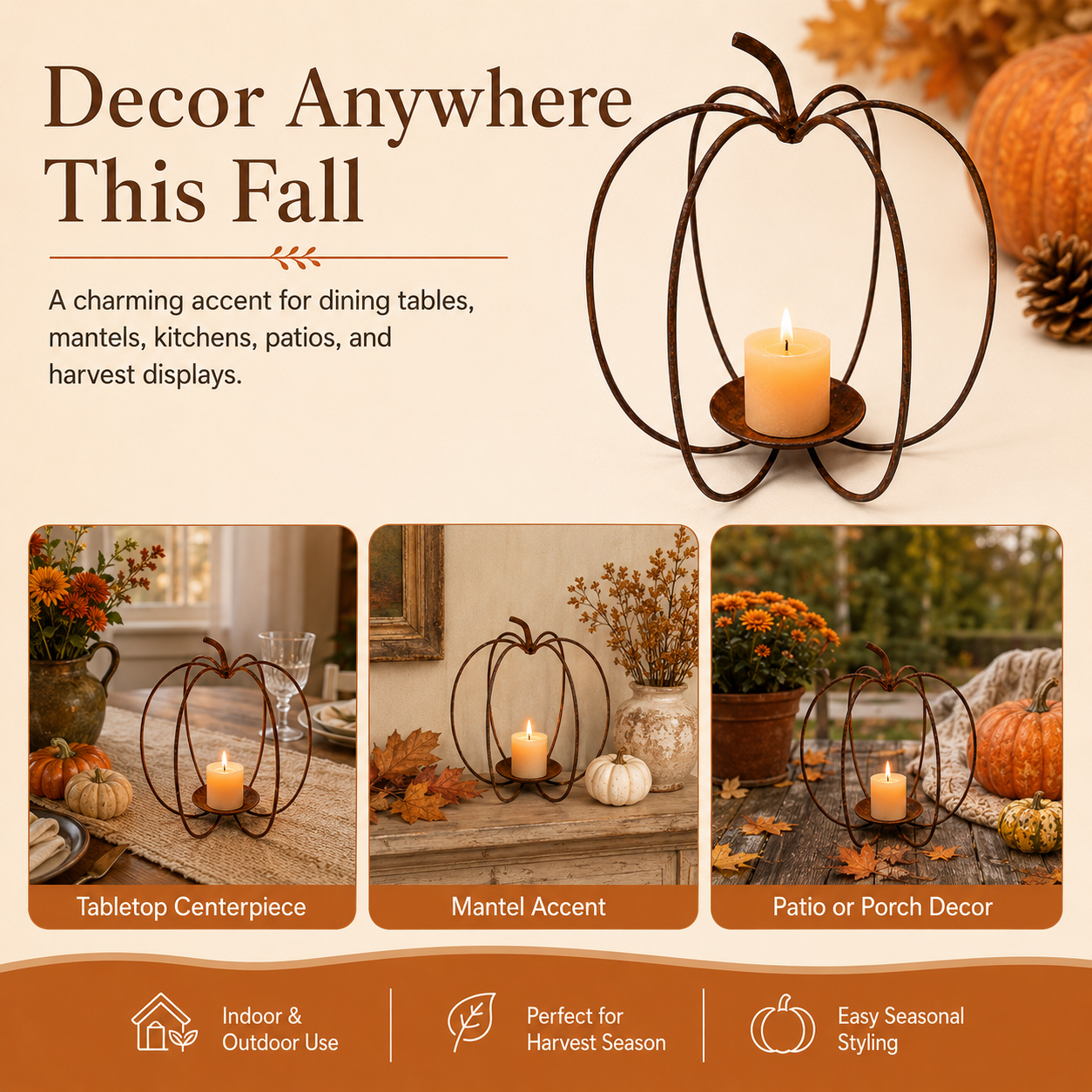 Rustic Pumpkin Metal Candle Holder – Fall Tabletop Lantern Decor