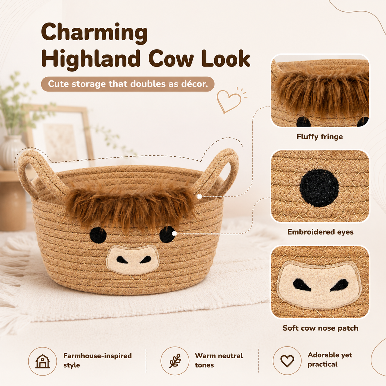 Highland Cow Storage Basket with Handles, Cute Small Cotton Rope Organizer Bin