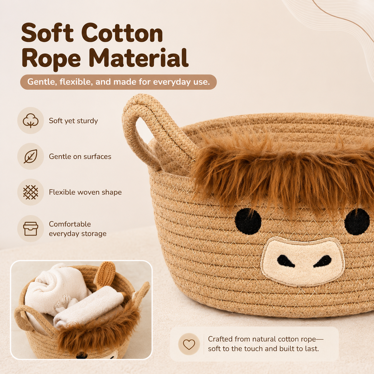Highland Cow Storage Basket with Handles, Cute Small Cotton Rope Organizer Bin