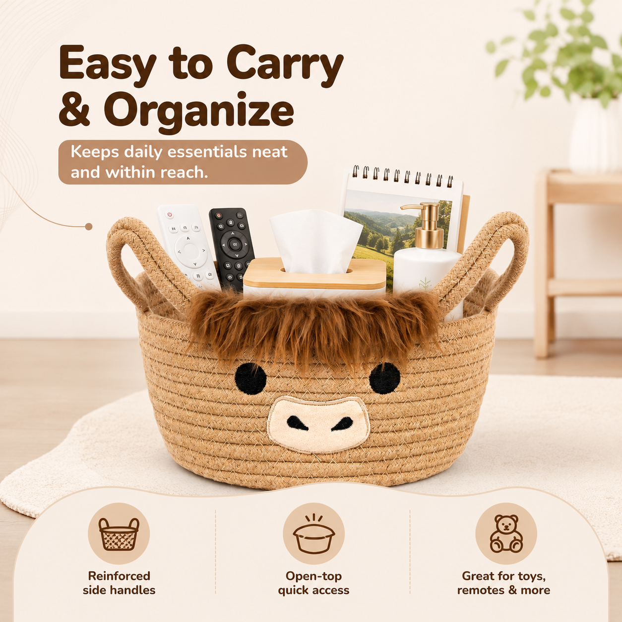 Highland Cow Storage Basket with Handles, Cute Small Cotton Rope Organizer Bin