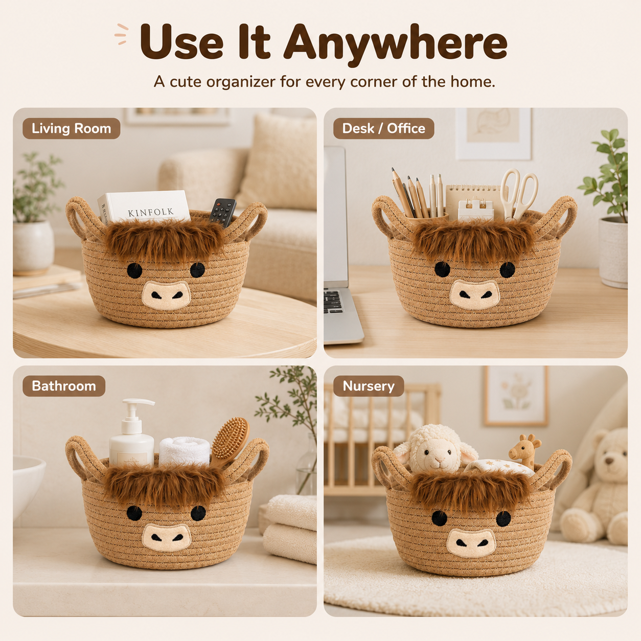 Highland Cow Storage Basket with Handles, Cute Small Cotton Rope Organizer Bin