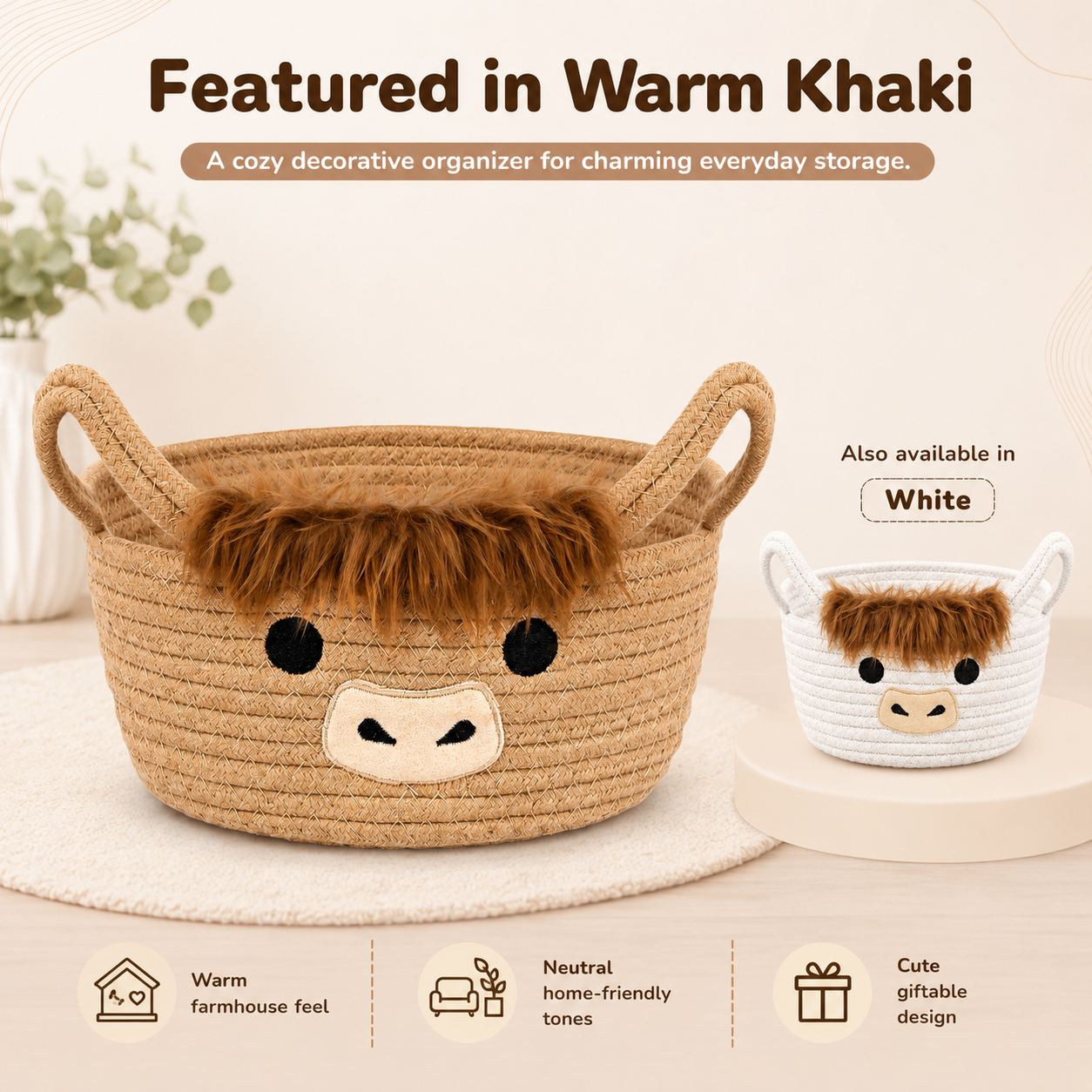 Highland Cow Storage Basket with Handles, Cute Small Cotton Rope Organizer Bin