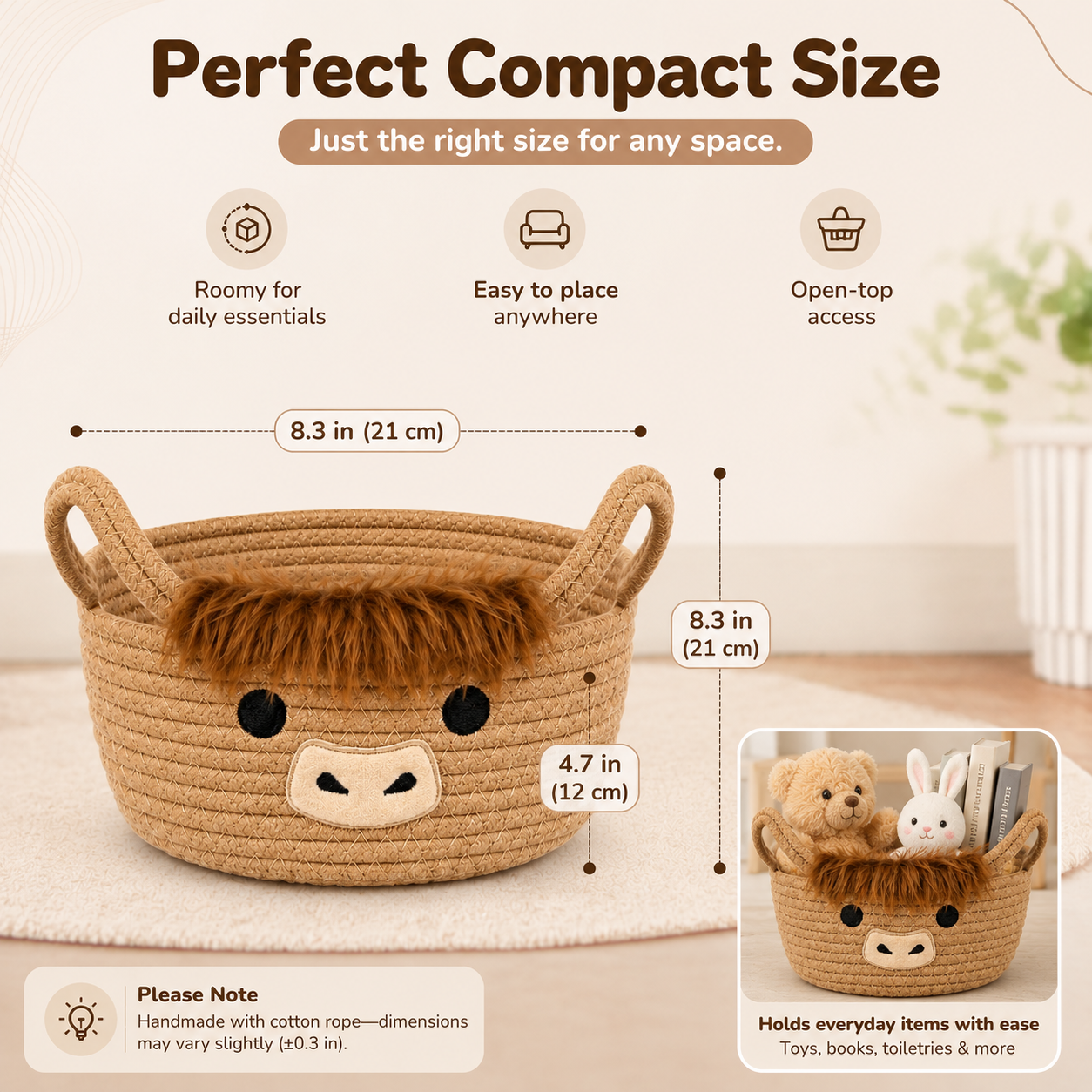 Highland Cow Storage Basket with Handles, Cute Small Cotton Rope Organizer Bin