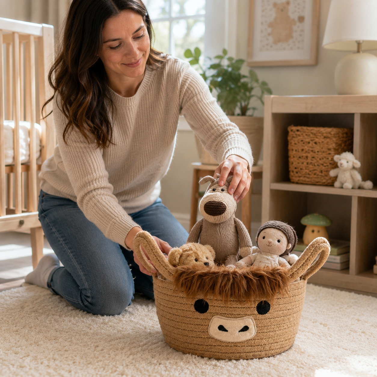 Highland Cow Storage Basket with Handles, Cute Small Cotton Rope Organizer Bin