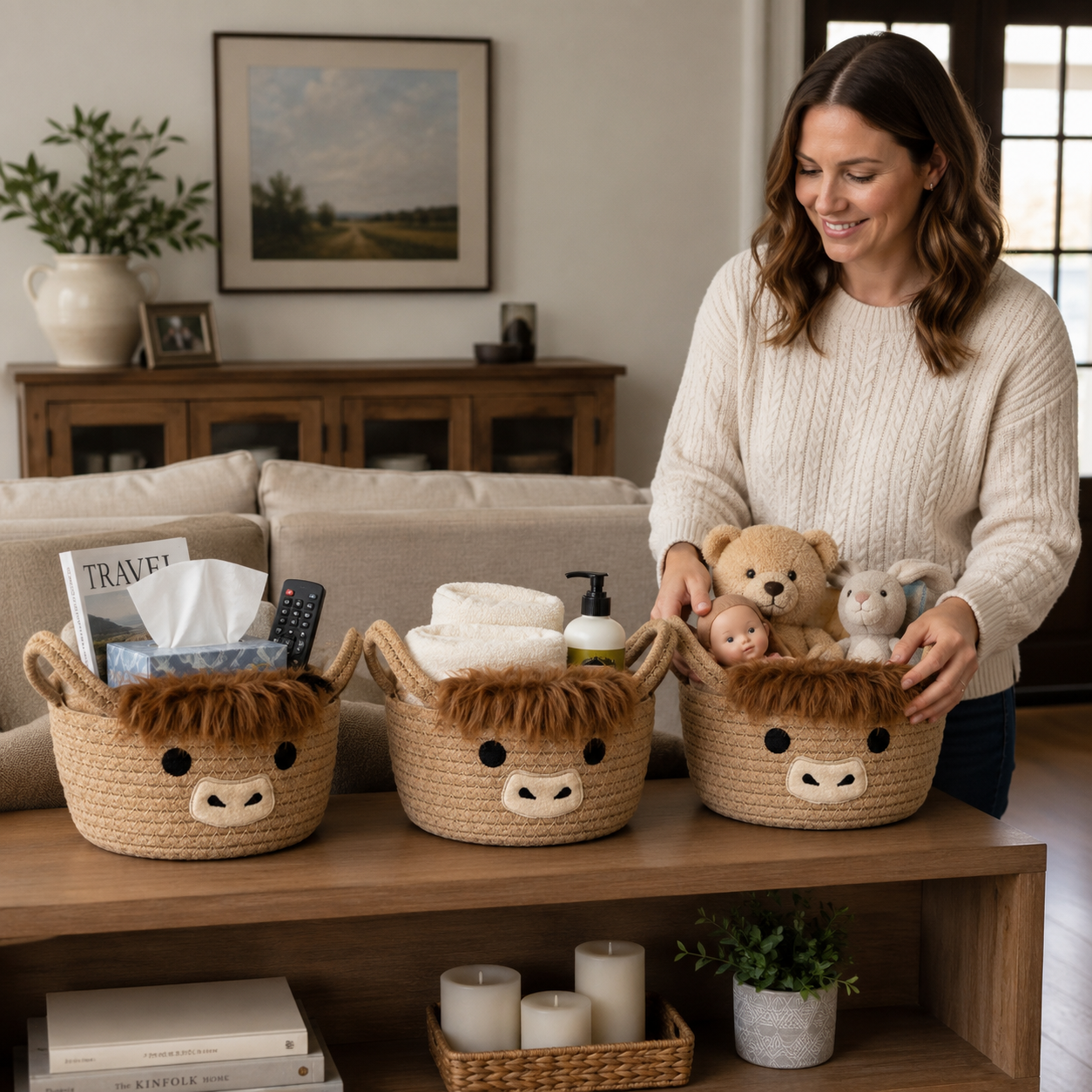 Highland Cow Storage Basket with Handles, Cute Small Cotton Rope Organizer Bin