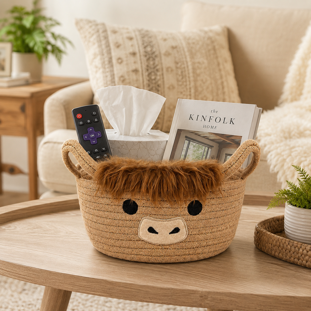 Highland Cow Storage Basket with Handles, Cute Small Cotton Rope Organizer Bin