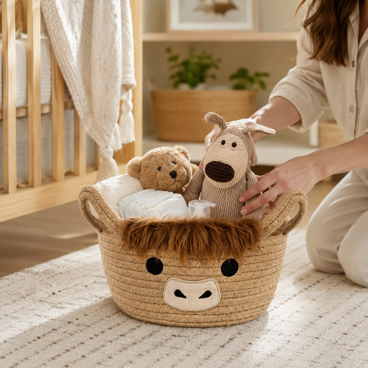 Highland Cow Storage Basket with Handles, Cute Small Cotton Rope Organizer Bin