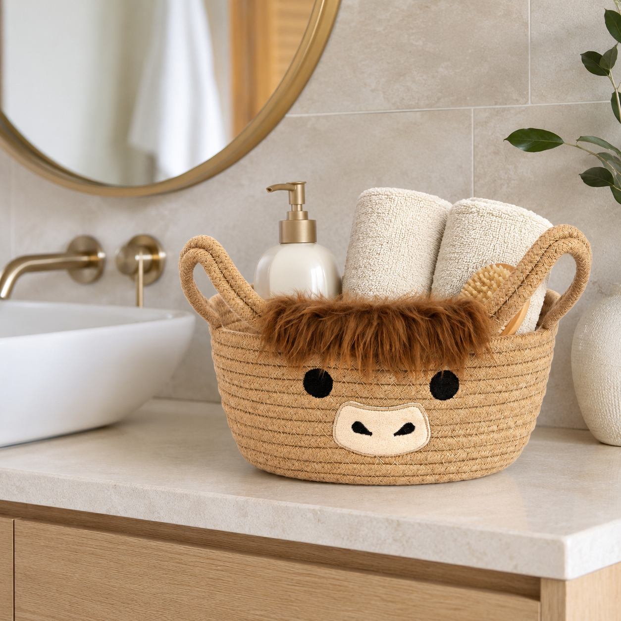 Highland Cow Storage Basket with Handles, Cute Small Cotton Rope Organizer Bin