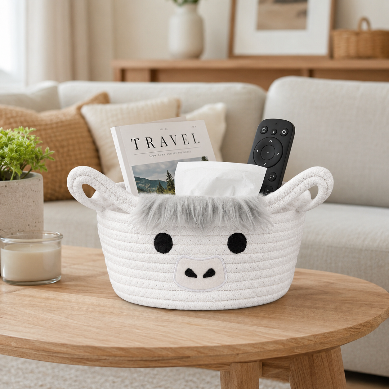 Highland Cow Storage Basket with Handles, Cute Small Cotton Rope Organizer Bin