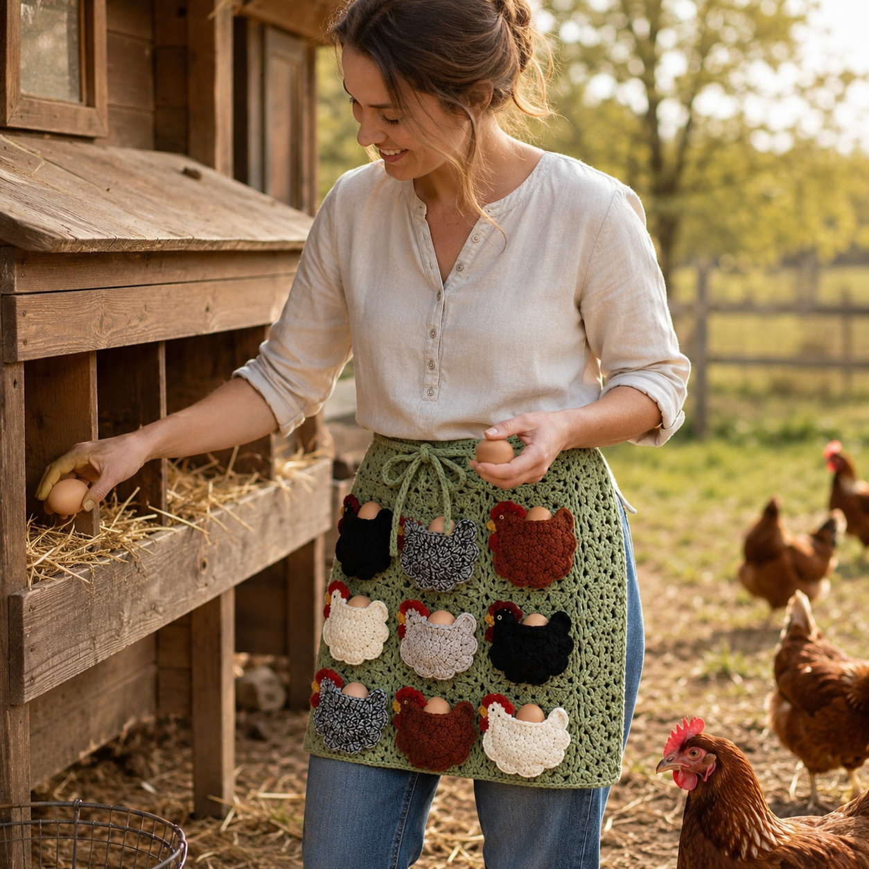 Crochet Chicken Egg Gathering Apron with 9 Hen Pockets